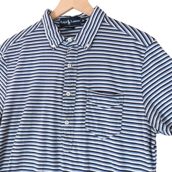 Ralph Lauren Polo Shirt Mens Medium Blue White Stripe Cotton Short Sleeve Button - Picture 1 of 7